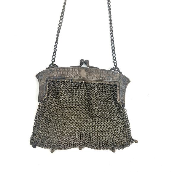 Antique Genuine German Silver Mesh Purse 5" x 5" with 8.5" Strap Drop - Picture 7 of 12